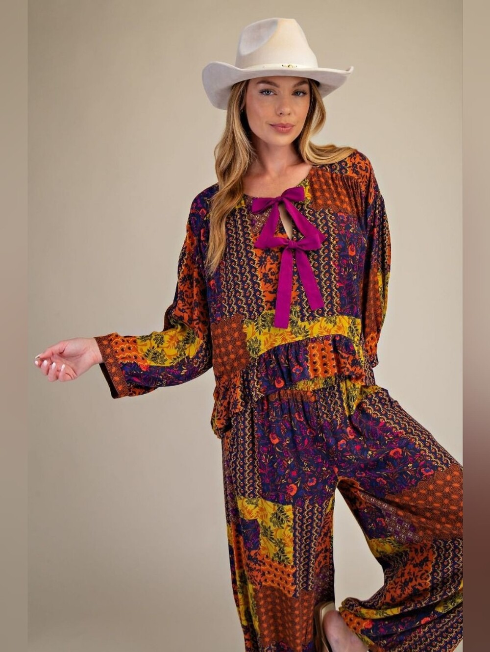 1-0727 Boho Patchwork Tie-Neck Top & Pant Set - Summer To Fall
